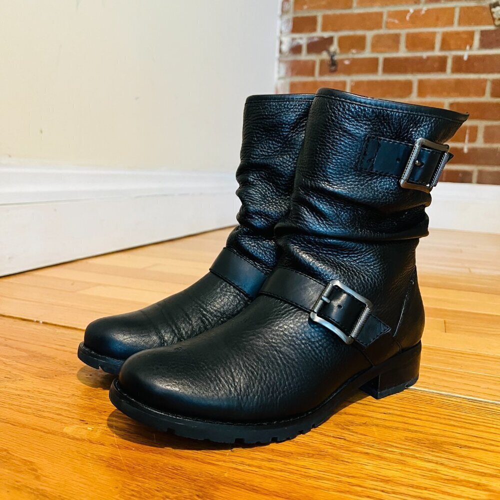 Sofft Womens Lalana Boot Size 7 Black Leather Biker Harness Buckle Moto Boots